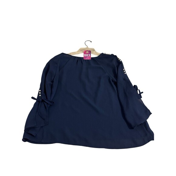 Zac & Rachel Woman Petite Size PM Navy Blue Pearl Embellished Long Sleeve Blouse - Picture 3 of 9
